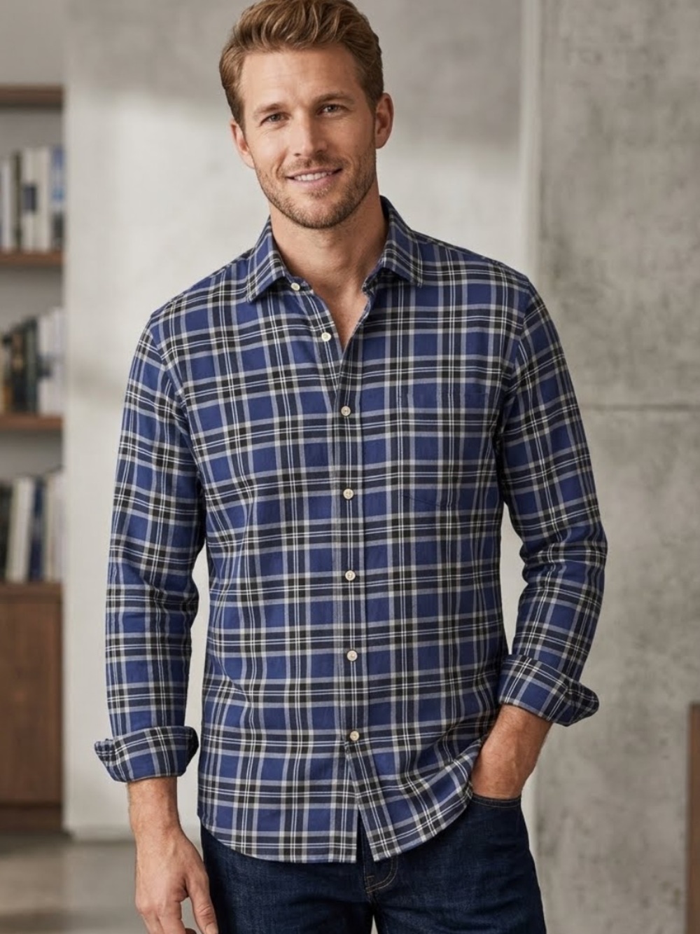 Peter Millar Navy and White Plaid Button-Down Shirt, 100% Soft Brushed Cotton